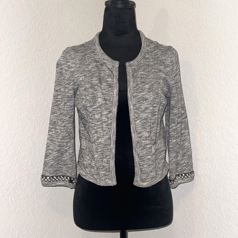 Express Open Cardigan Sweater Women's Small Heather Gray Beaded Sleeve Cropped